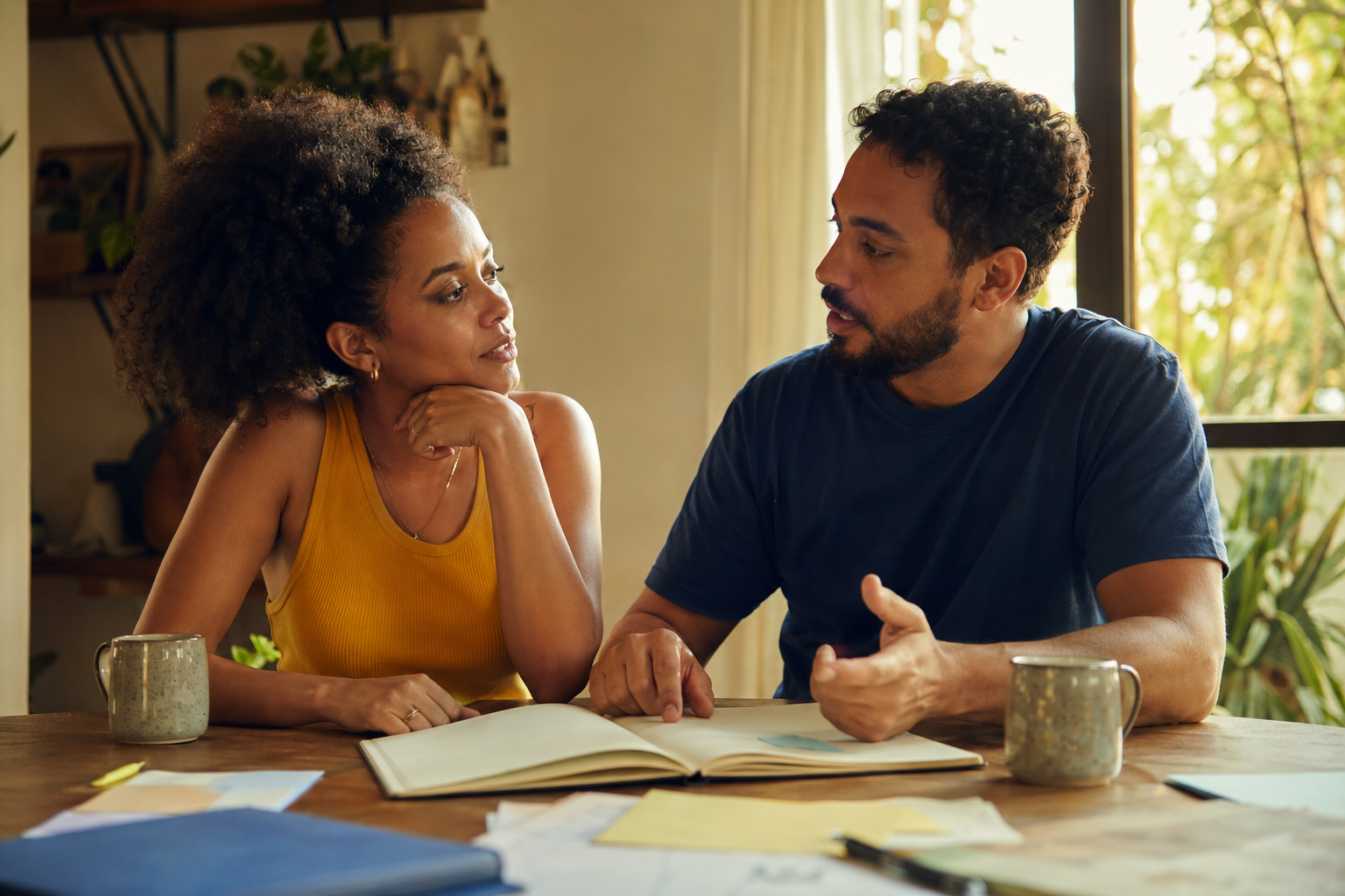 Casal adulto conversando com calma sobre finanças à mesa de casa
