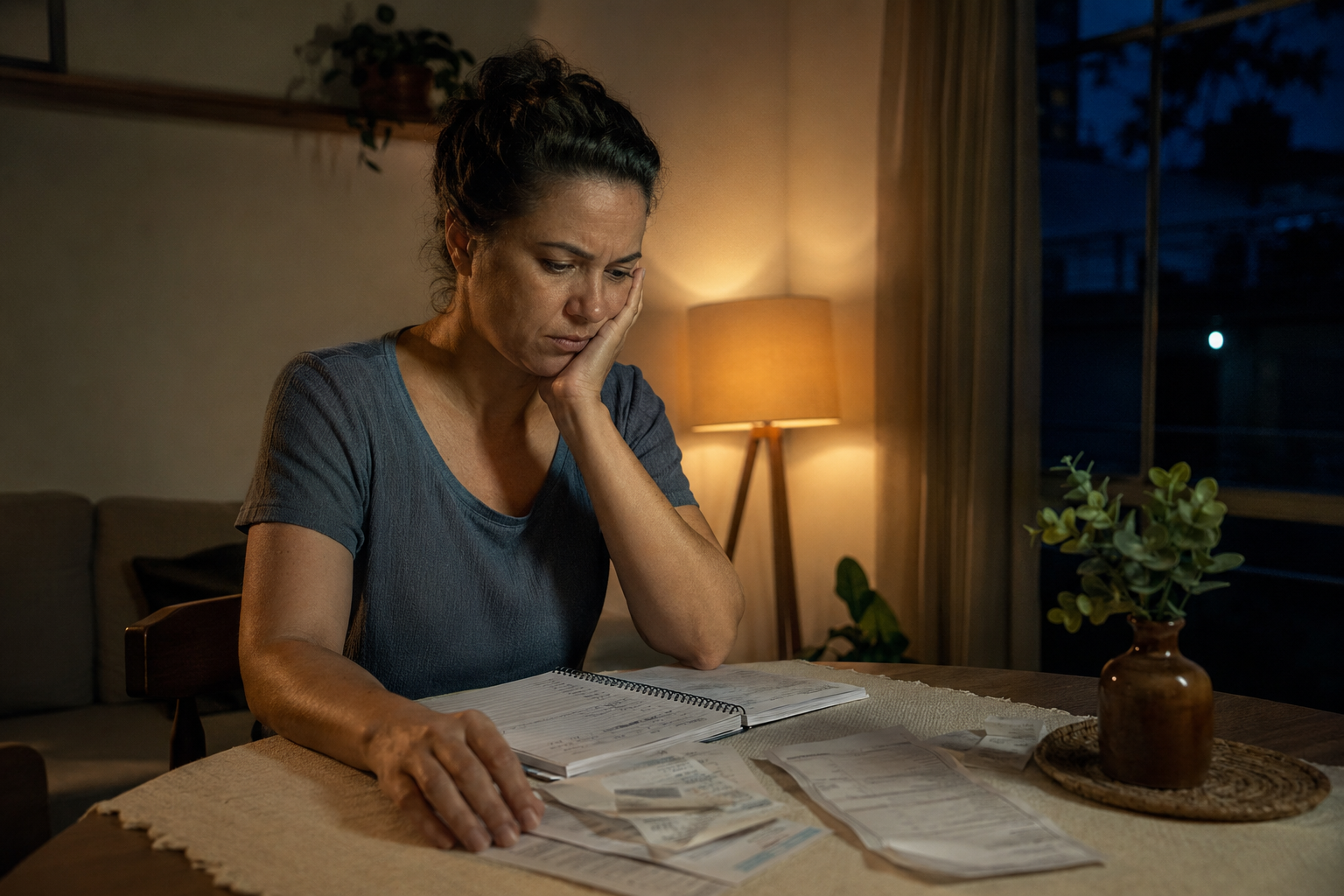 Pessoa adulta preocupada diante de contas domésticas à noite