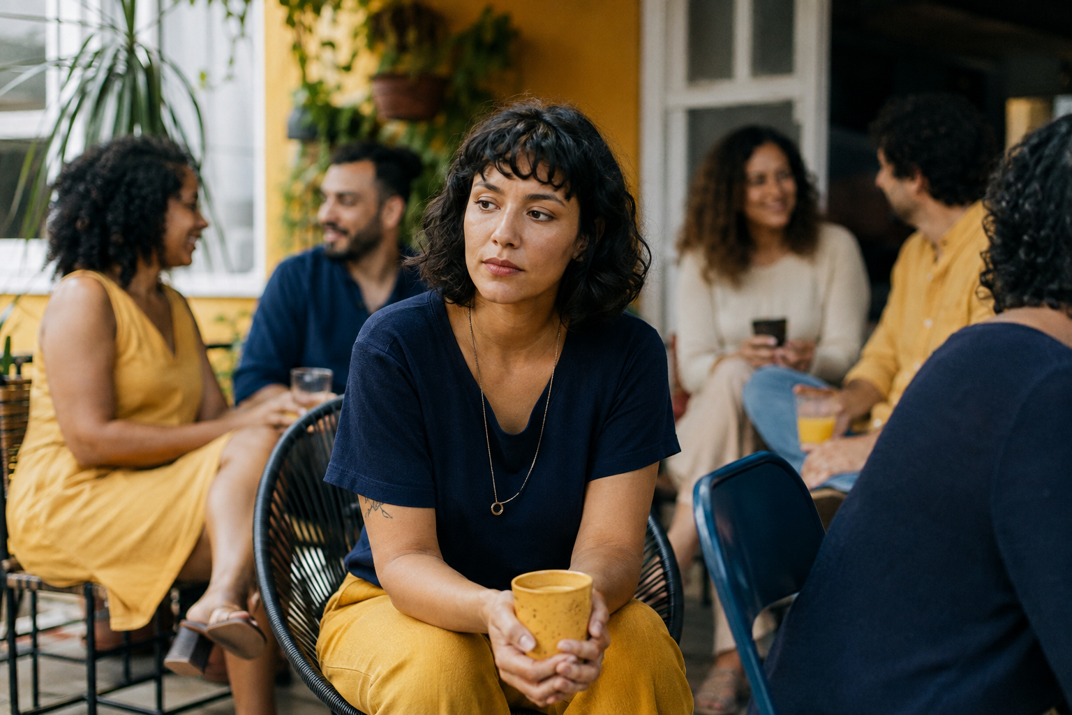 Pessoa adulta em um encontro social sentindo-se emocionalmente distante