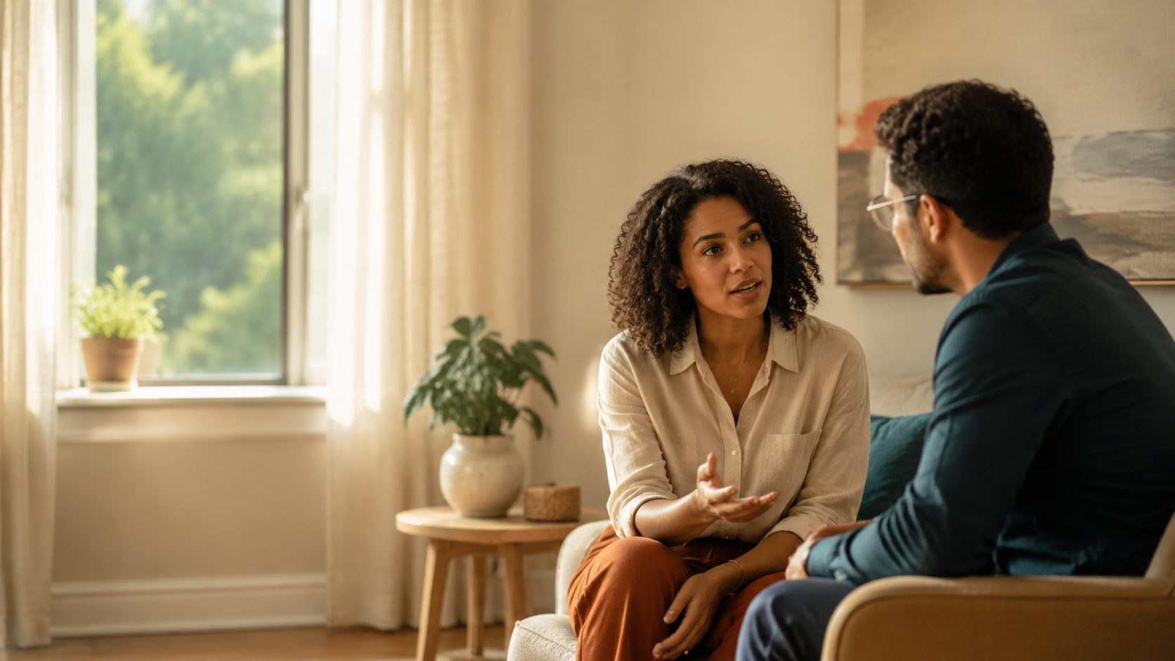 Duas pessoas adultas em uma conversa atenta e acolhedora